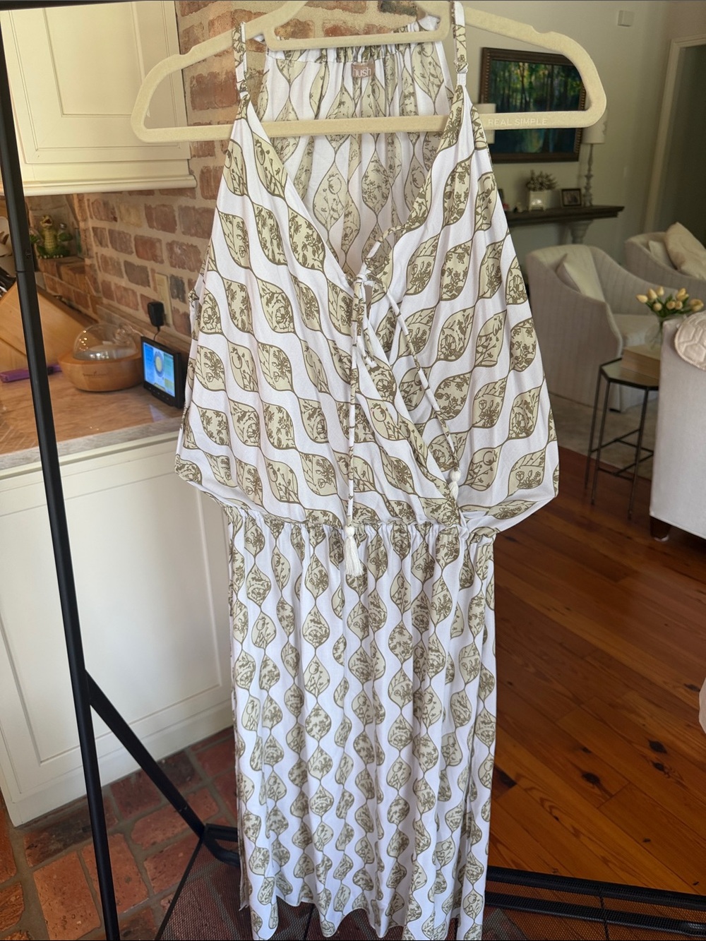 Sleeveless White Midi Dress with Olive Pattern